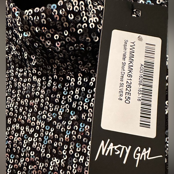 NWT Nasty Gal High Neck Halter Mini Shift Dress in Black w Mini Silver Sequins - Picture 10 of 10